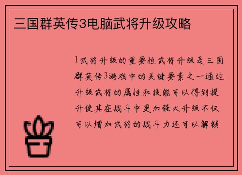 三国群英传3电脑武将升级攻略
